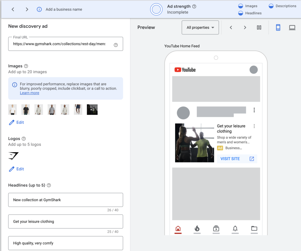 creating ads in discovery campaign