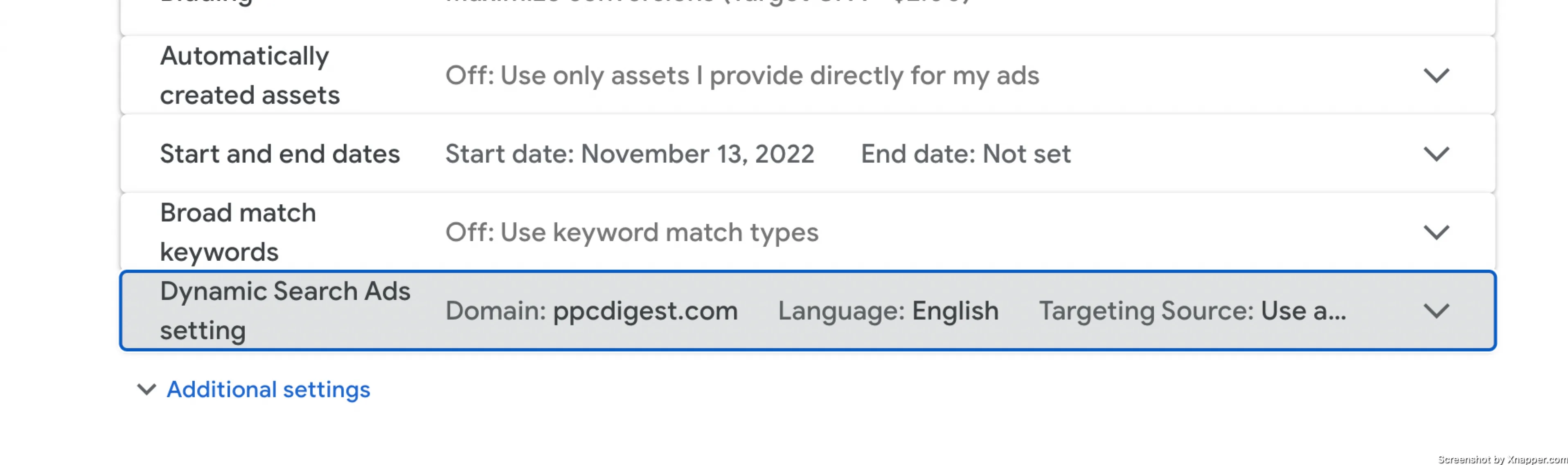 dynamic search ads setting